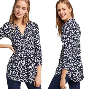 MAUVE Alexa smocked button down, Anthropologie, blue & white size Small